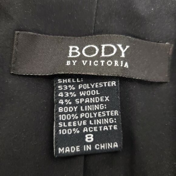 Body by Victoria Womens Suite Blazer Jacket Sz 8 Black Wool Blend Lined Tie Wais - Picture 9 of 10